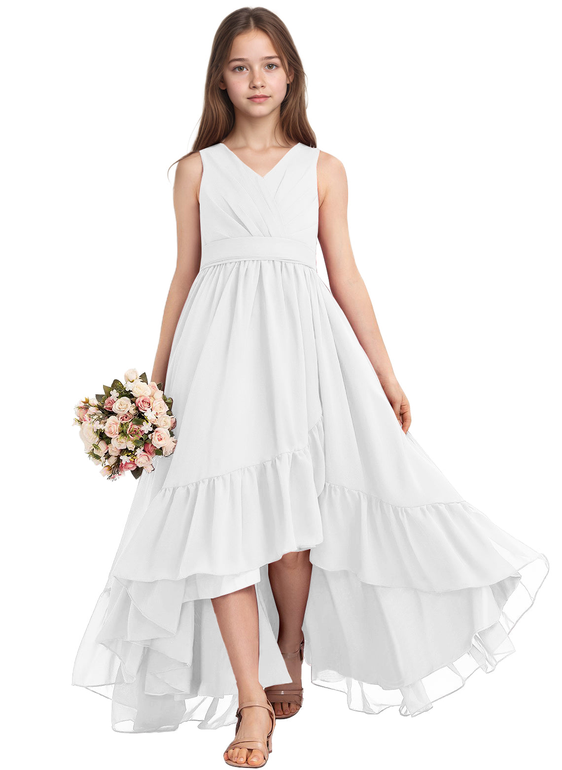 dideyttawl A-Line High Low Flower Girls Dress Long V-Neck Junior Bridesmaid Dresses for Teens Pleated Chiffon 2511