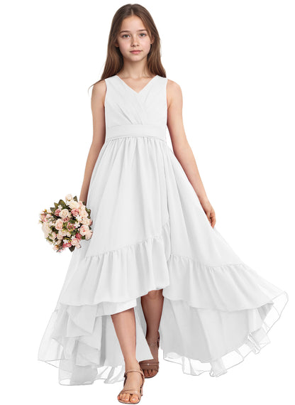 dideyttawl A-Line High Low Flower Girls Dress Long V-Neck Junior Bridesmaid Dresses for Teens Pleated Chiffon 2511