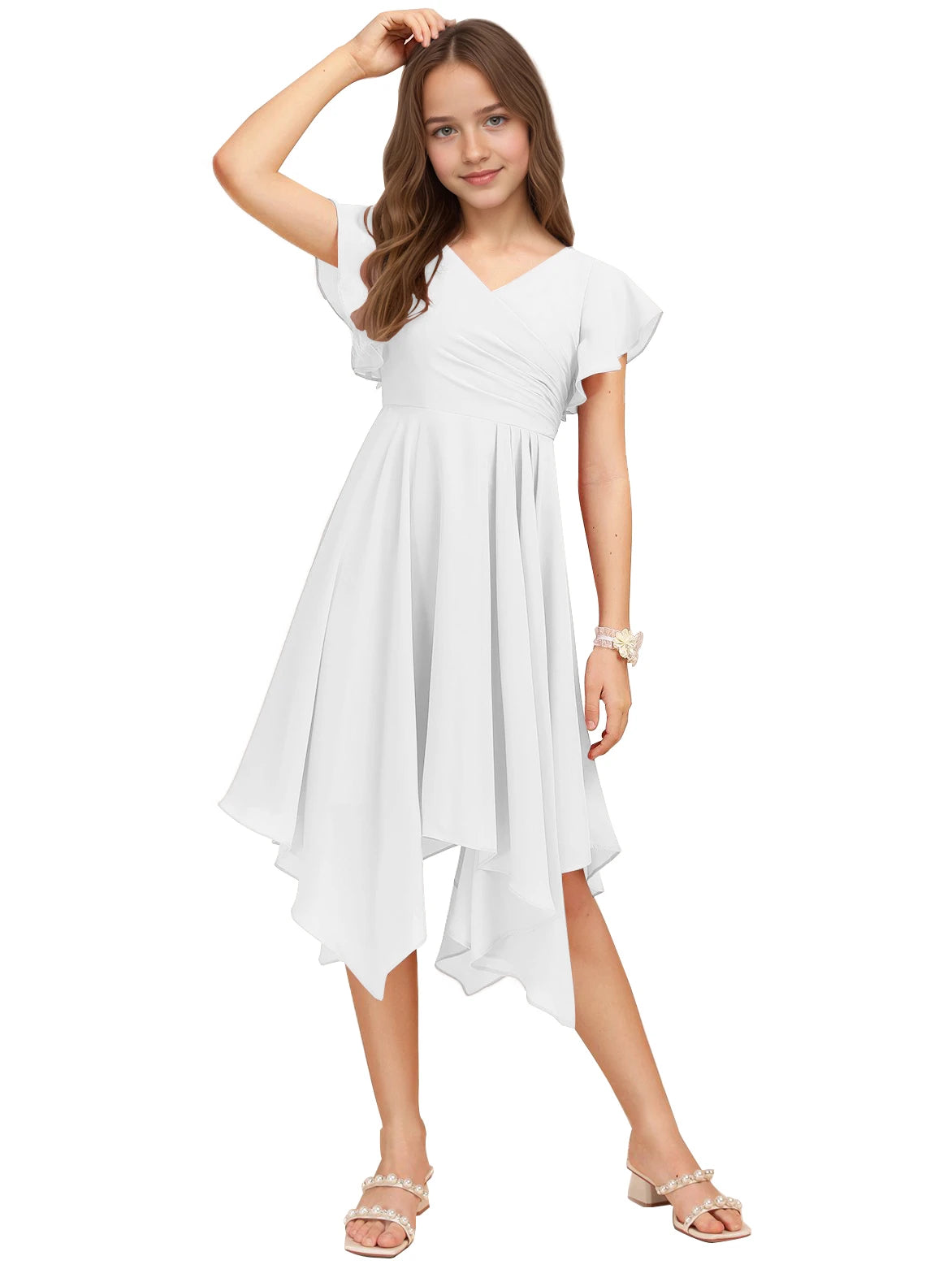 Dideyttawl Dusty Rose Junior Bridesmaid Chiffon Flutter Sleeve A-Line Dress