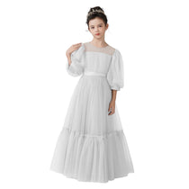 Dideyttawl Girls Dusty Blue Princess Dress Long Sleeve Tulle Ball Gown for Wedding Party
