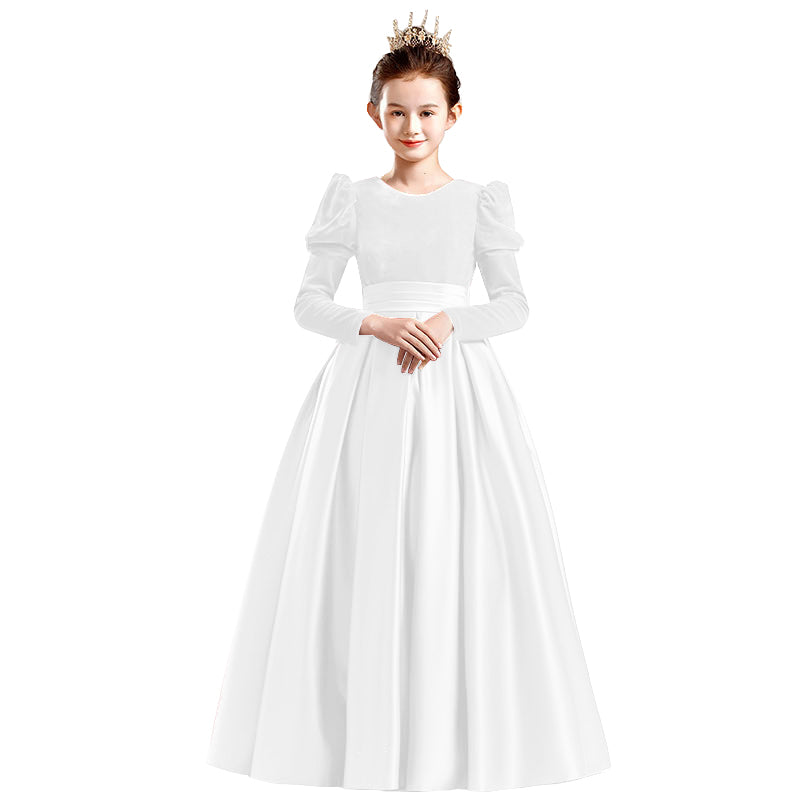 Dideyttawl Velvet Girls Formal Dress Long Sleeves Satin Flower Girl Dress 2541
