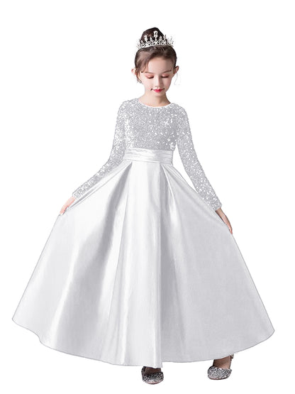 Crew Neck Long Sleeves Sequins Dresses Shining Flower Girls Dress Sparkling Piano Recital Dresses Elegant Satin Party Gown