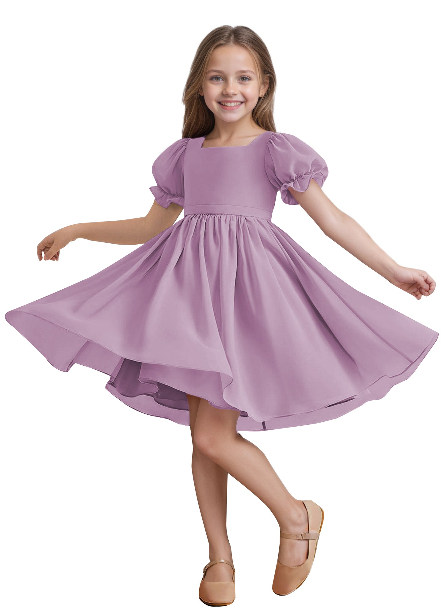 Chiffon Short Sleeves Flower Girl Dresses Knee Length Junior Bridesmaid Dresses for 4-16 650C