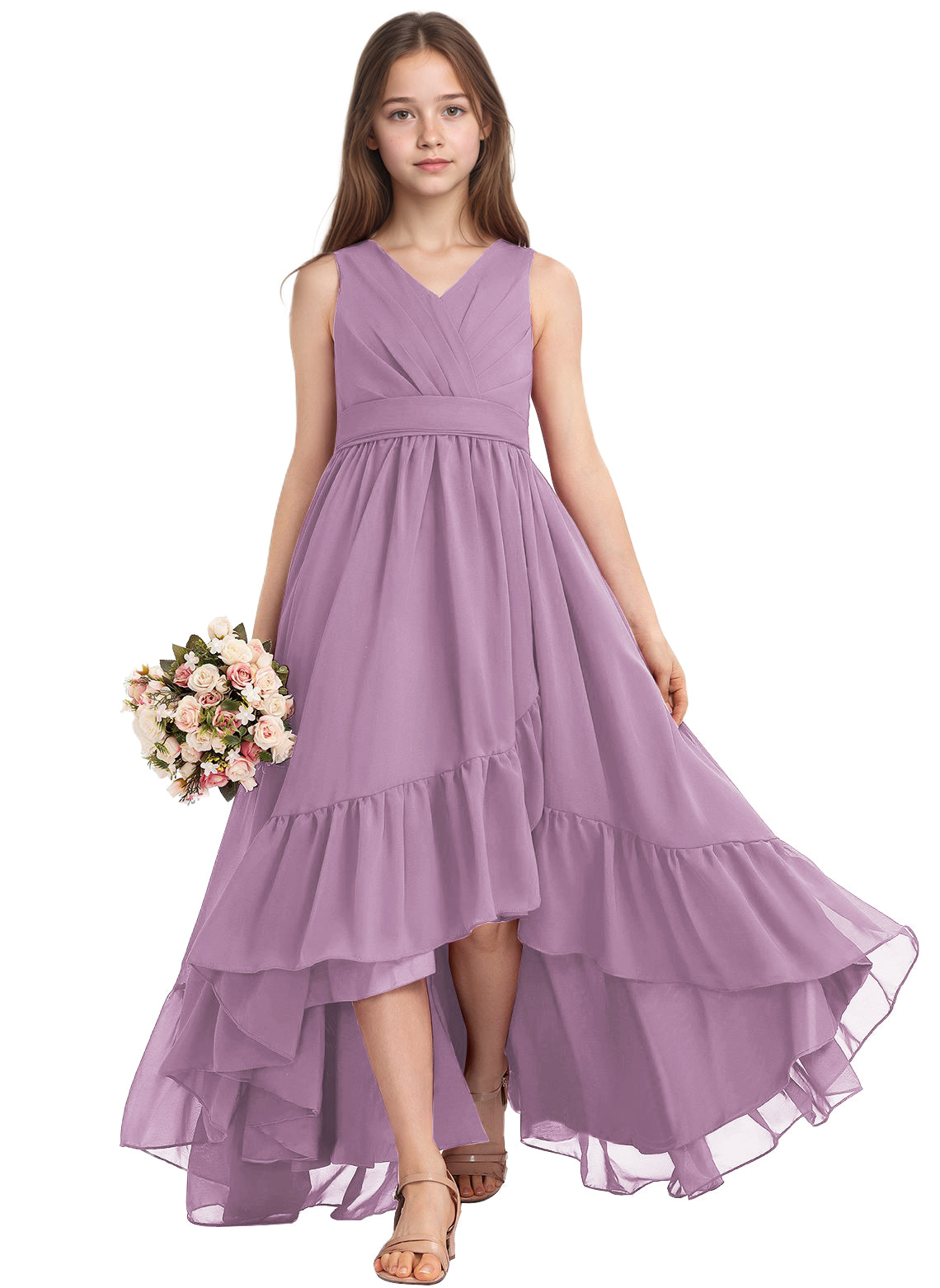 dideyttawl A-Line High Low Flower Girls Dress Long V-Neck Junior Bridesmaid Dresses for Teens Pleated Chiffon 2511