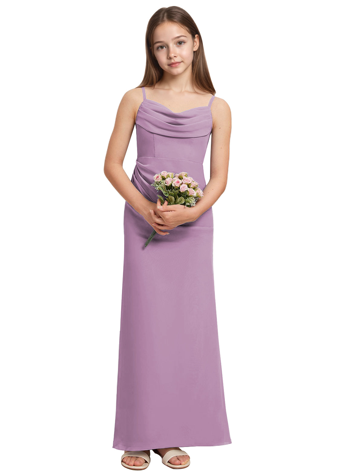 dideyttawl Long Sheathe Junior Bridesmaid Dresses for Girls Chiffon A-Line Ruched Cowl Neck Wedding Flower Girls Dress 2512