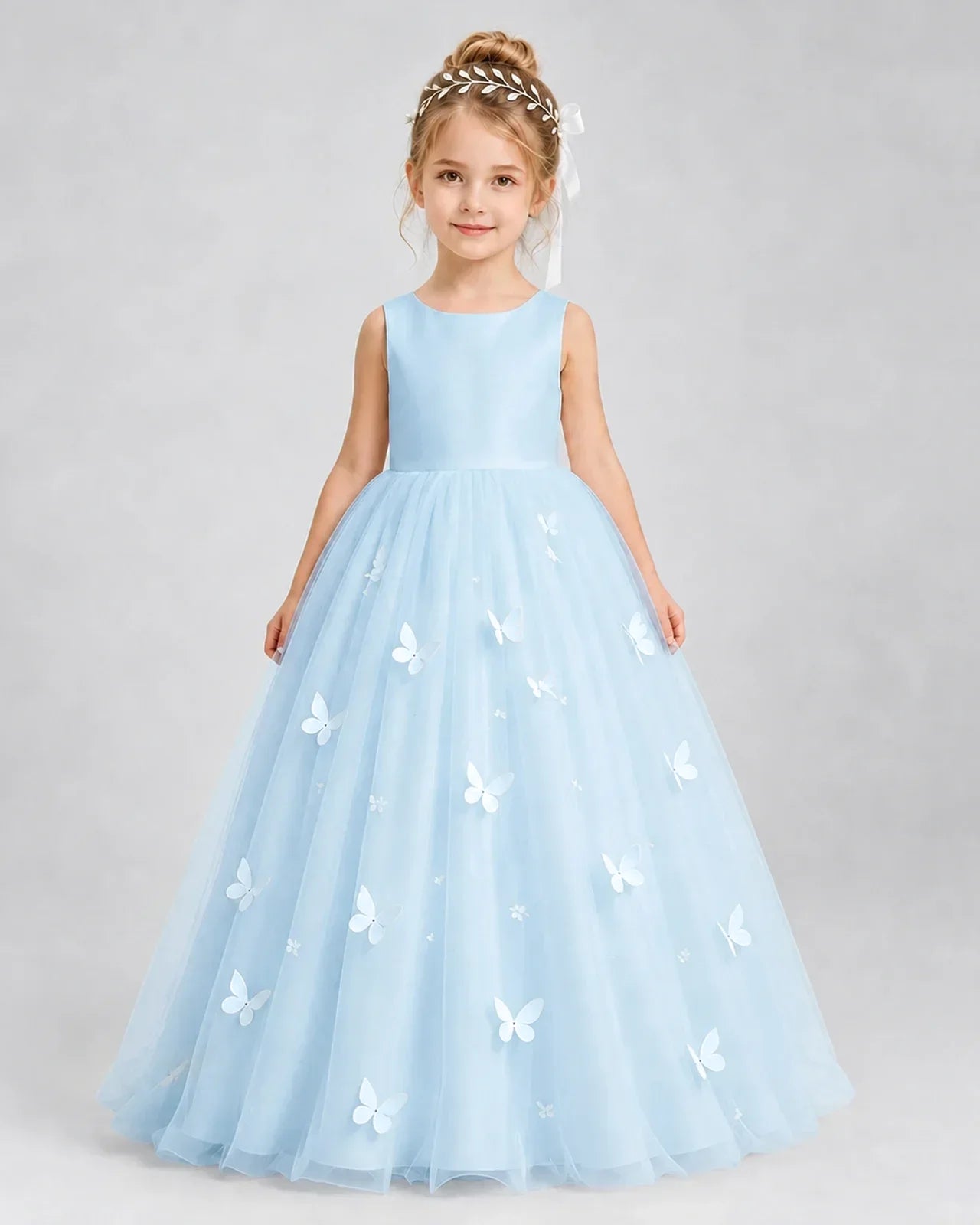 Baby Blue Pageant Dress 3D Butterfly Applique Bow Back Tulle Ball Gown Front View