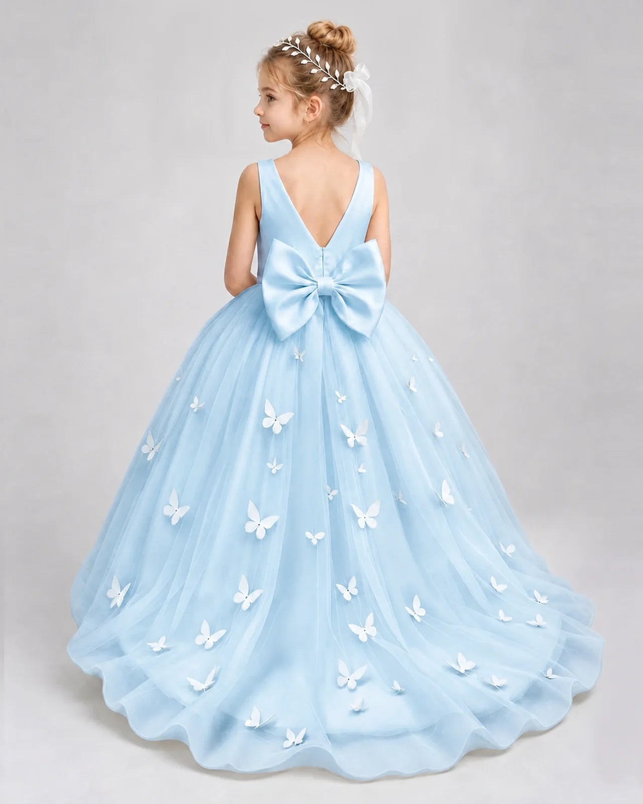 Baby Blue Pageant Dress 3D Butterfly Applique Bow Back Tulle Ball Gown Back View