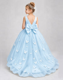 Baby Blue Pageant Dress 3D Butterfly Applique Bow Back Tulle Ball Gown Back View