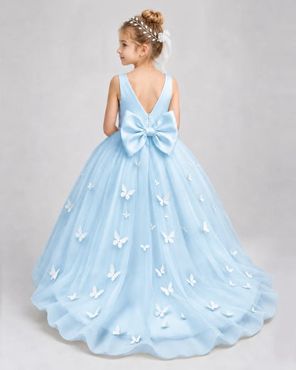Baby Blue Pageant Dress 3D Butterfly Applique Bow Back Tulle Ball Gown Back View