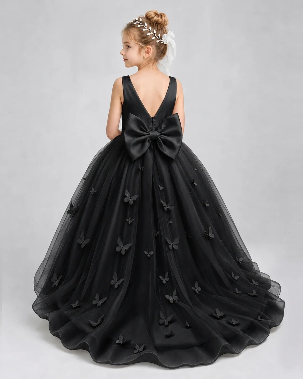 Black Pageant Dress 3D Butterfly Applique Bow Back Tulle Ball Gown Back View