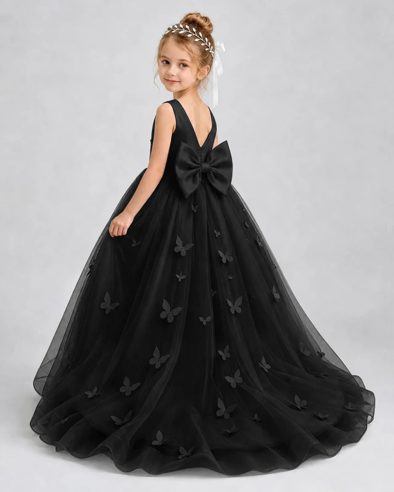 Black Pageant Dress 3D Butterfly Applique Bow Back Tulle Ball Gown Back View