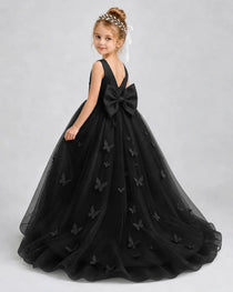 Black Pageant Dress 3D Butterfly Applique Bow Back Tulle Ball Gown Back View