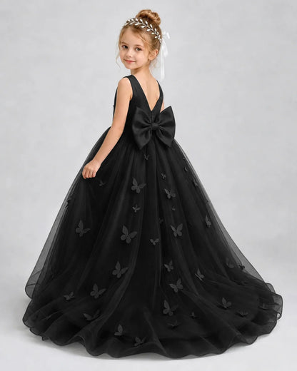 Black Pageant Dress 3D Butterfly Applique Bow Back Tulle Ball Gown Back View