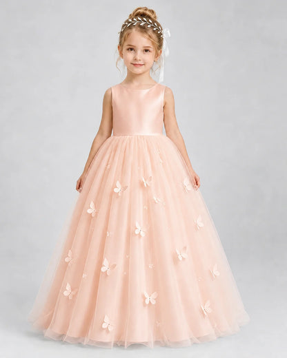 Blush Pink Pageant Dress 3D Butterfly Applique Bow Back Tulle Ball Gown Back View