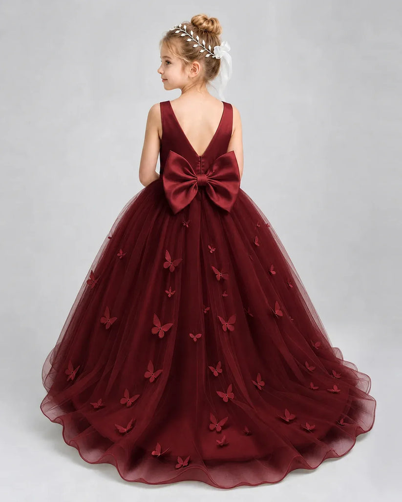 Burgundy Tulle Ball Gown Pageant Dress Back View