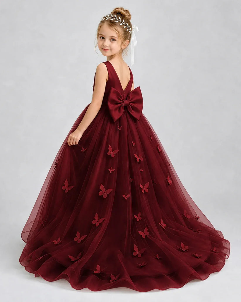 Burgundy Tulle A-line Pageant Dress Back View
