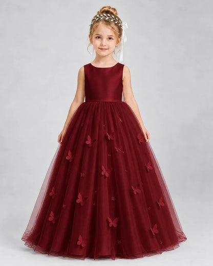 Burgundy Pageant Dress 3D Butterfly Applique Bow Back Tulle Ball Gown Front View