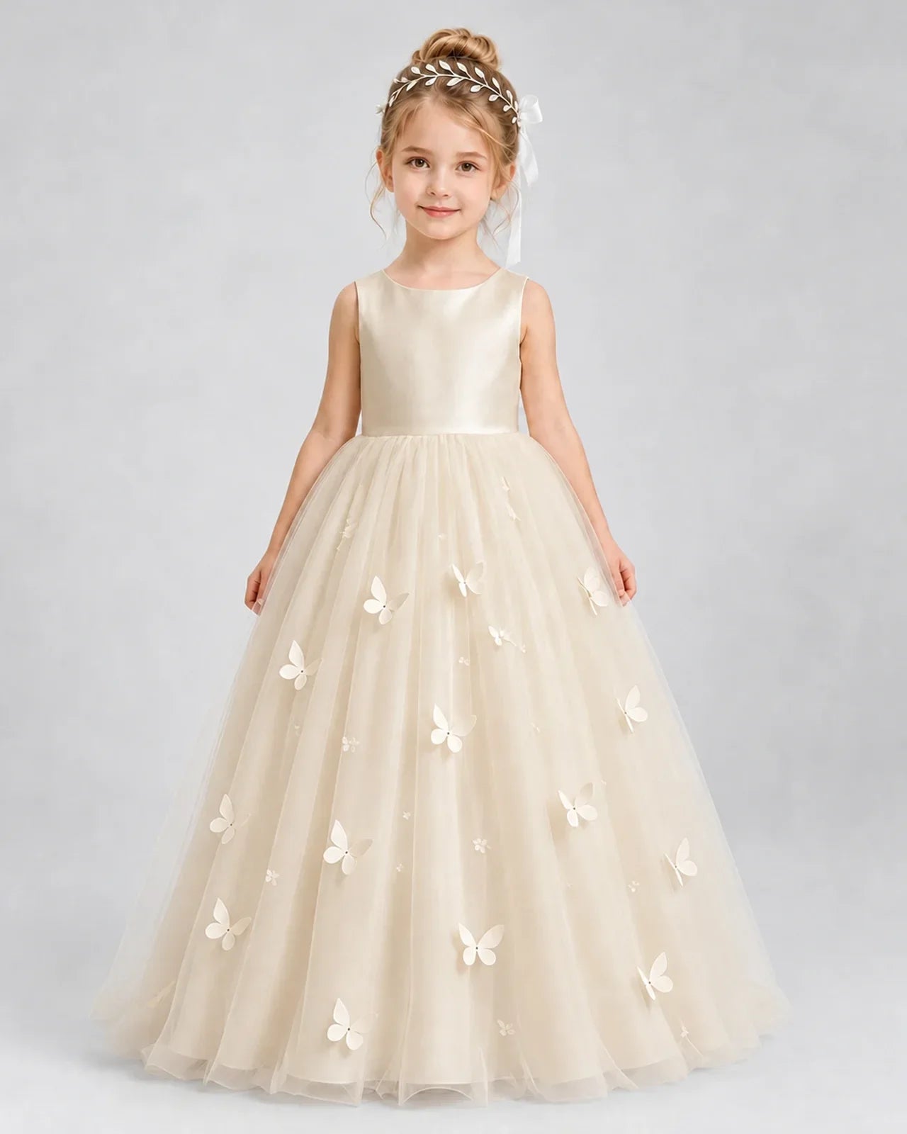 Champagne Pageant Dress 3D Butterfly Applique Bow Back Tulle Ball Gown Front View