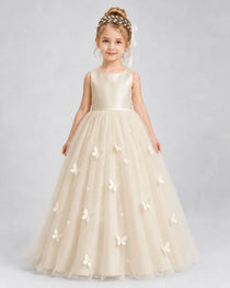 Champagne Pageant Dress 3D Butterfly Applique Bow Back Tulle Ball Gown Front View