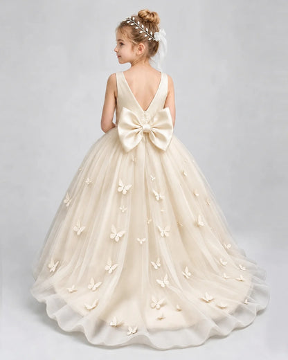Champagne Pageant Dress 3D Butterfly Applique Bow Back Tulle Ball Gown Back View