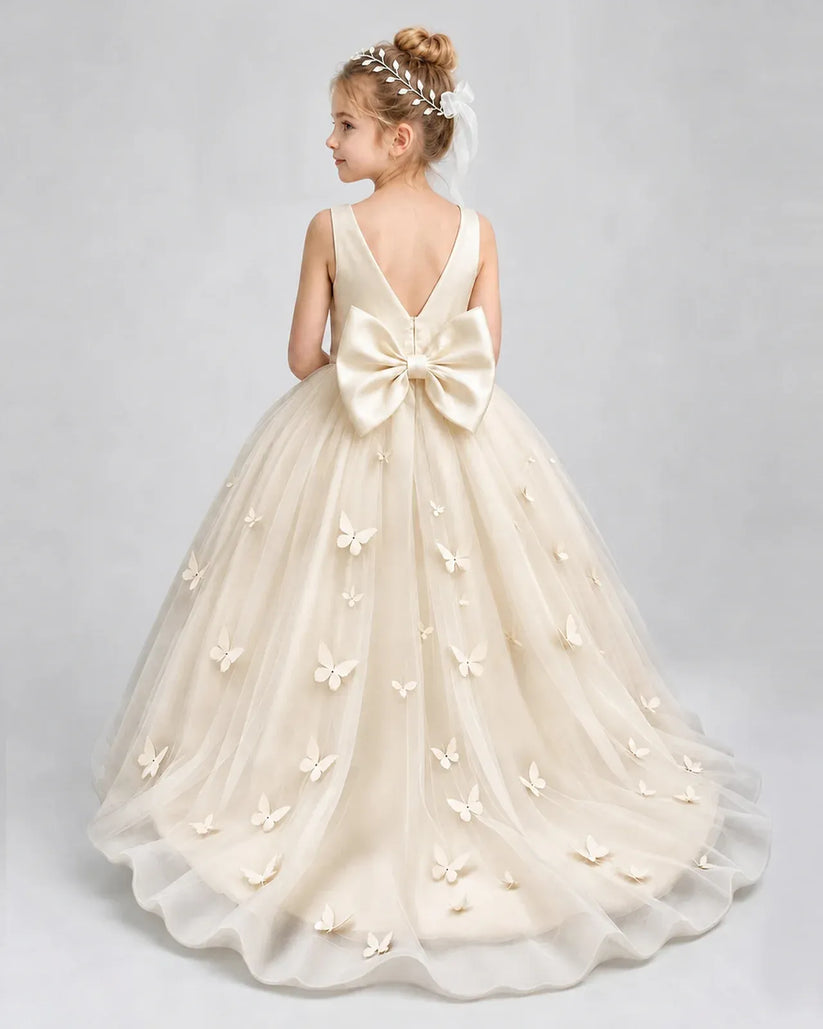 Champagne Tulle Ball Gown Pageant Dress Back View