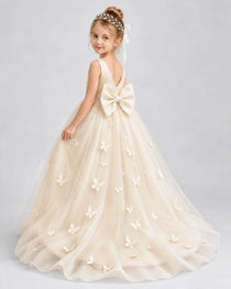 Champagne Pageant Dress 3D Butterfly Applique Bow Back Tulle Ball Gown Back View