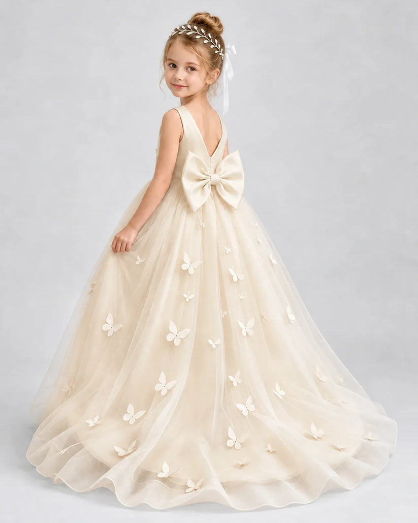 Champagne Tulle Ball Gown Pageant Dress Back View