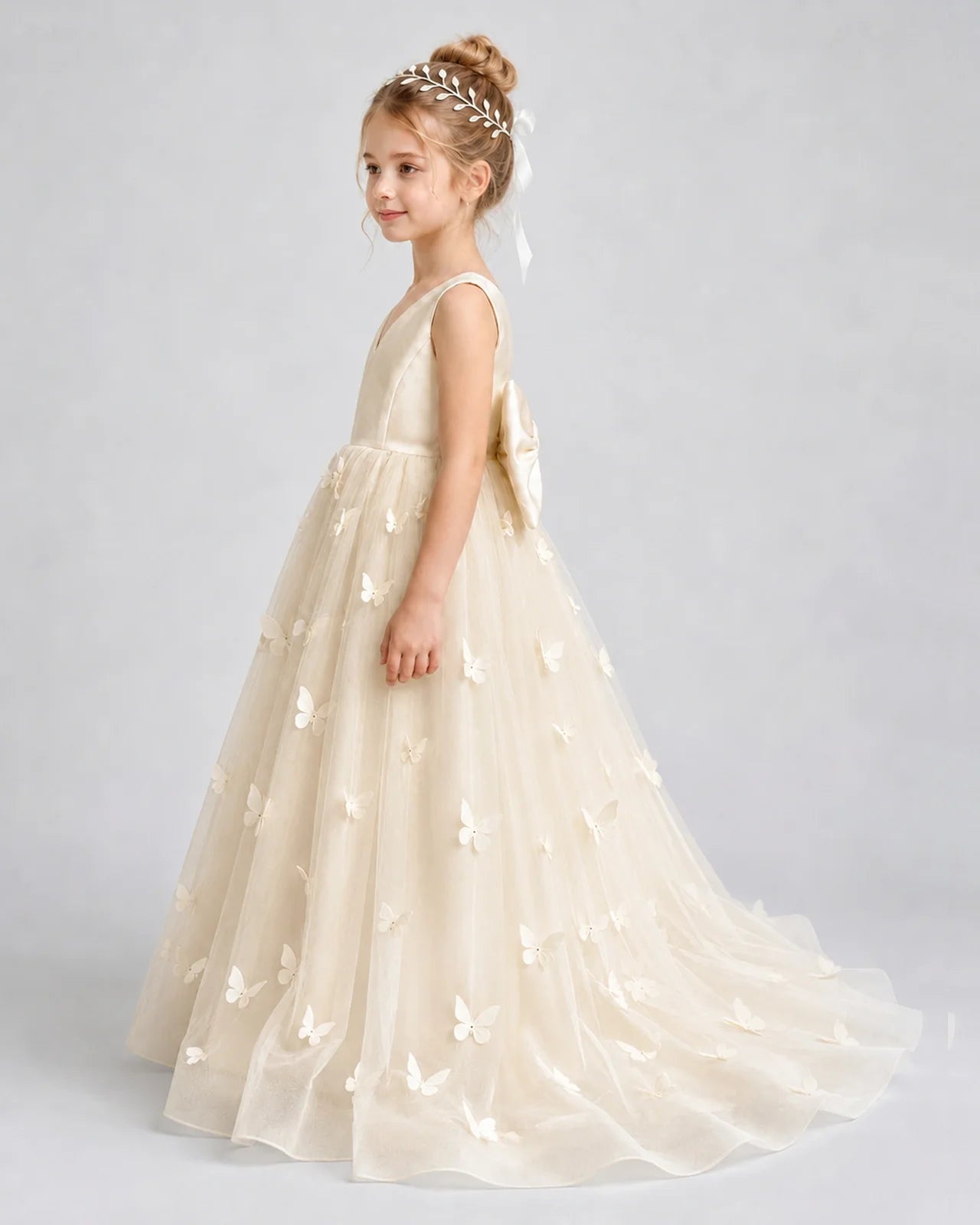 Champagne Pageant Dress 3D Butterfly Applique Bow Back Tulle Ball Gown Side View