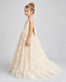 Champagne Pageant Dress 3D Butterfly Applique Bow Back Tulle Ball Gown Side View