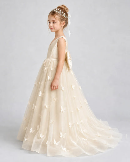 Champagne Pageant Dress 3D Butterfly Applique Bow Back Tulle Ball Gown Side View