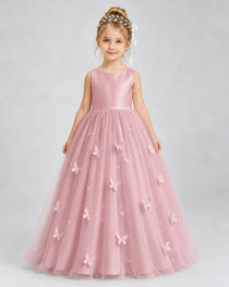 Dusty Rose Pageant Dress 3D Butterfly Applique Bow Back Tulle Ball Gown Front View