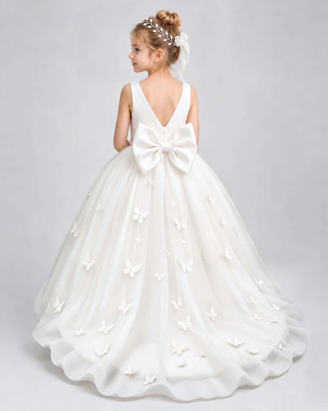Ivory Pageant Dress 3D Butterfly Applique Bow Back Tulle Ball Gown Back View