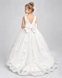 Ivory Pageant Dress 3D Butterfly Applique Bow Back Tulle Ball Gown Back View