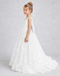 Ivory Pageant Dress 3D Butterfly Applique Bow Back Tulle Ball Gown Side View