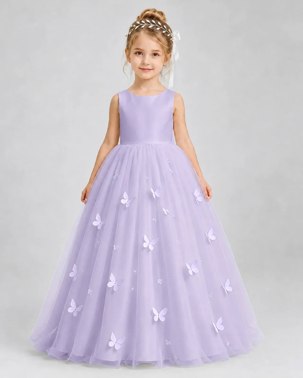 Lavender Pageant Dress 3D Butterfly Applique Bow Back Tulle Ball Gown Front View