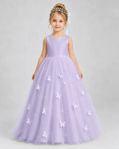 Lavender Pageant Dress 3D Butterfly Applique Bow Back Tulle Ball Gown Front View