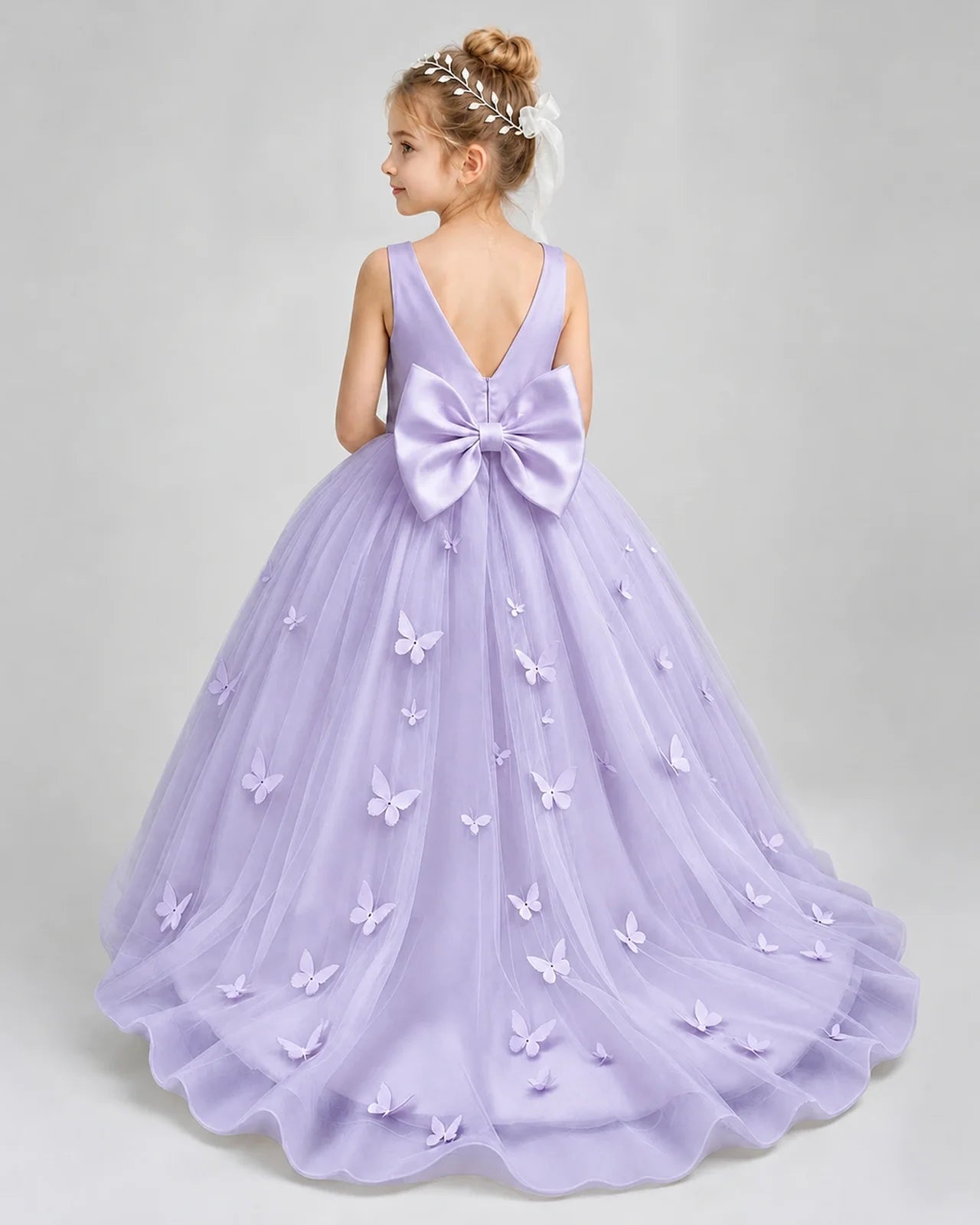 Lavender Pageant Dress 3D Butterfly Applique Bow Back Tulle Ball Gown Back View