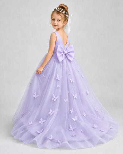 Lavender Pageant Dress 3D Butterfly Applique Bow Back Tulle Ball Gown Back View