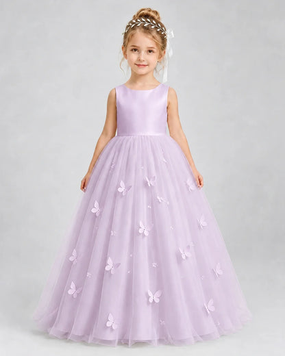 Lilac Pageant Dress 3D Butterfly Applique Bow Back Tulle Ball Gown Front View