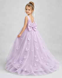 Lilac Pageant Dress 3D Butterfly Applique Bow Back Tulle Ball Gown Back View