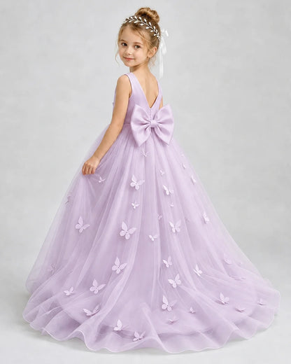 Lilac Pageant Dress 3D Butterfly Applique Bow Back Tulle Ball Gown Back View