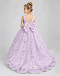 Lilac Pageant Dress 3D Butterfly Applique Bow Back Tulle Ball Gown Back View