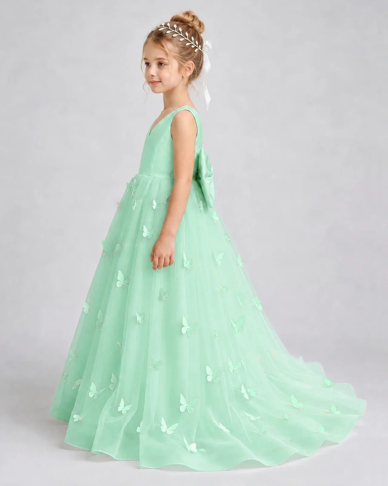 Mint Green Pageant Dress 3D Butterfly Applique Bow Back Tulle Ball Gown Side View
