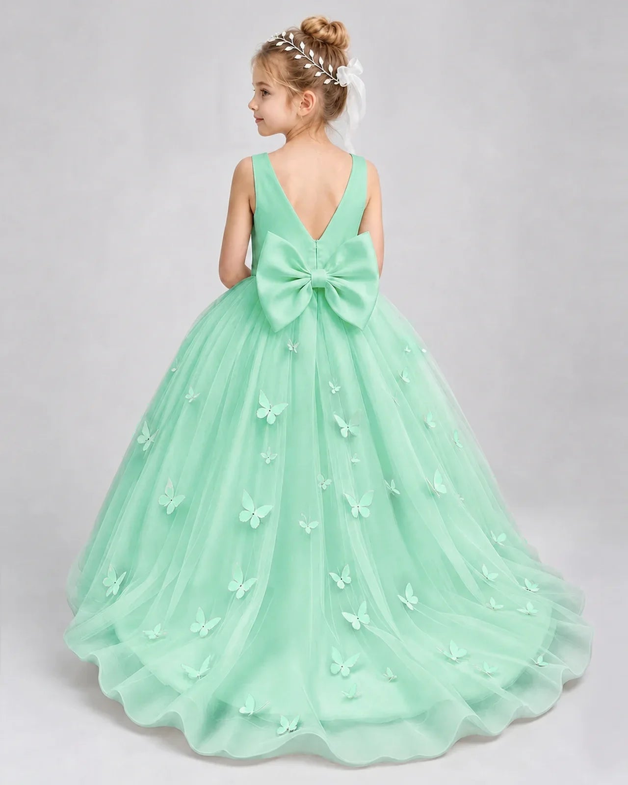 Mint Green Pageant Dress 3D Butterfly Applique Bow Back Tulle Ball Gown Back View
