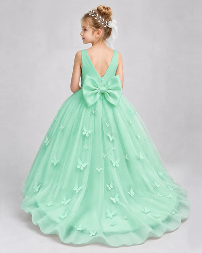 Mint Green Pageant Dress 3D Butterfly Applique Bow Back Tulle Ball Gown Back View