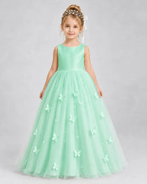 Mint Green Pageant Dress 3D Butterfly Applique Bow Back Tulle Ball Gown Front View