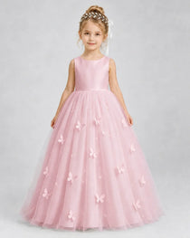 Pink Pageant Dress 3D Butterfly Applique Bow Back Tulle Ball Gown Front View