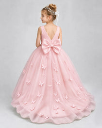 Pink Pageant Dress 3D Butterfly Applique Bow Back Tulle Ball Gown Back View