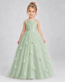 Sage Green Pageant Dress 3D Butterfly Applique Bow Back Tulle Ball Gown Front View