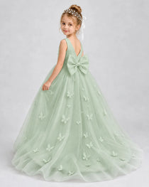 Sage Green Pageant Dress 3D Butterfly Applique Bow Back Tulle Ball Gown Back View
